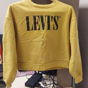 Levis Sweatshirt Womens SMALL Yellow Crewneck Fleece Pullover crop Logo Graphic
